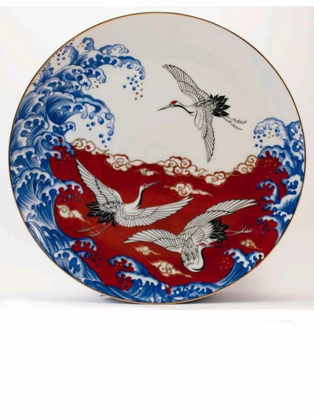 Vtg Takahashi Cranes & Waves Porcelain Plates (4)  7. 3/4” Gold Trim